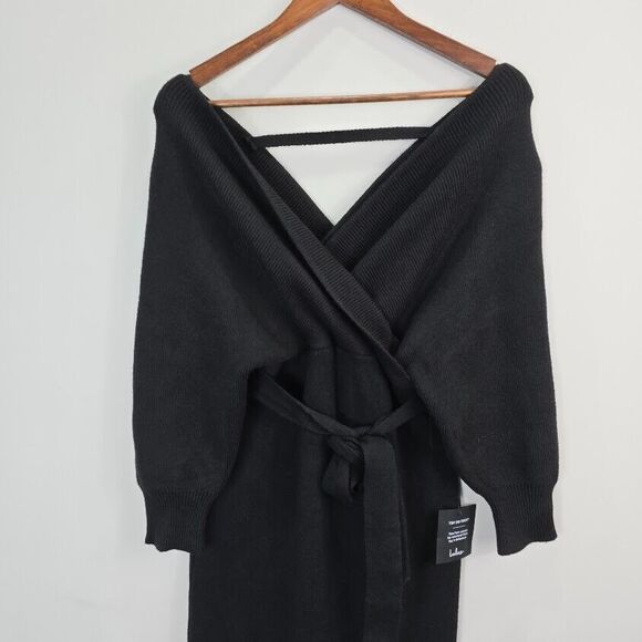 Lulus Midi Dress Women Size Large Black Knit‎ Faux Wrap Backless Side Slit - Picture 3 of 11